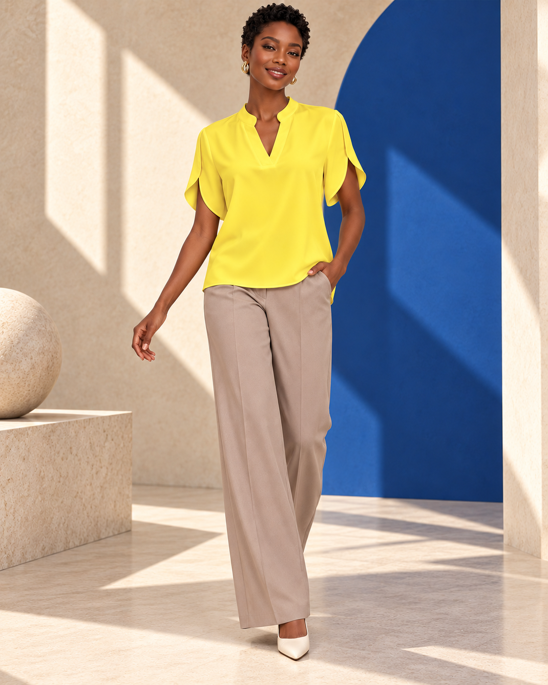 Blouse Élégance Fluide – Col Tunisien et Manches Papillon