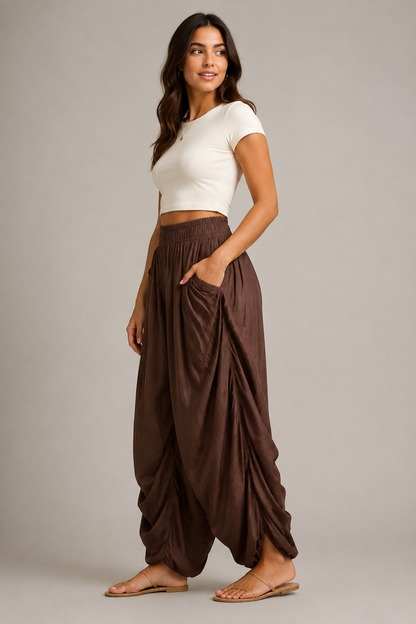 Pantalon large plissé taille haute à cordon – Style rétro punk