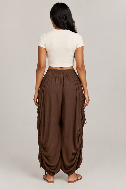 Pantalon large plissé taille haute à cordon – Style rétro punk