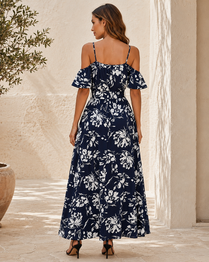 Robe Longue Fleurie Femme à Épaules Dénudées – Coupe Fluide avec Ceinture