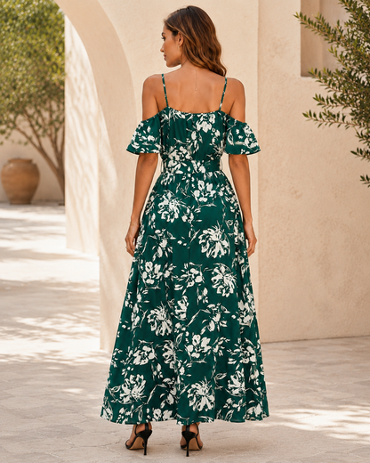 Robe Longue Fleurie Femme à Épaules Dénudées – Coupe Fluide avec Ceinture