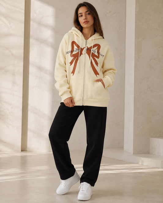 Sweat à Capuche Zippé Femme Oversize avec Grand Nœud Imprimé
