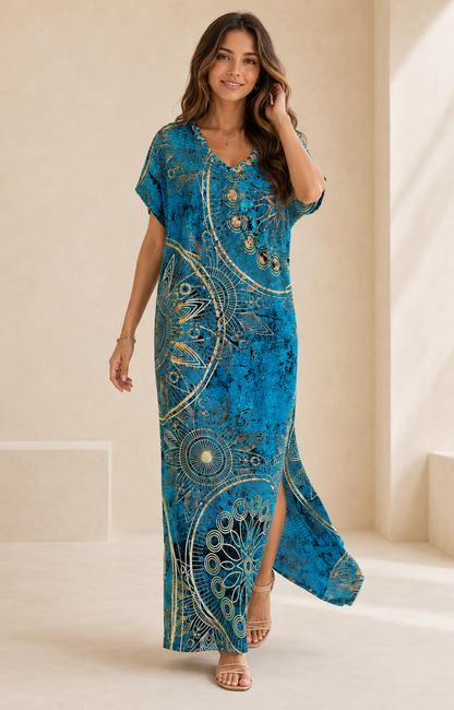 Robe Longue Bohème Céleste – Coupe Fluide à Motifs Mandala