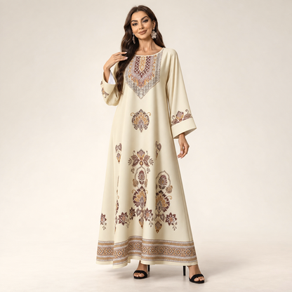 Abaya Longue Florale Élégance Orientale – Beige Ivoire