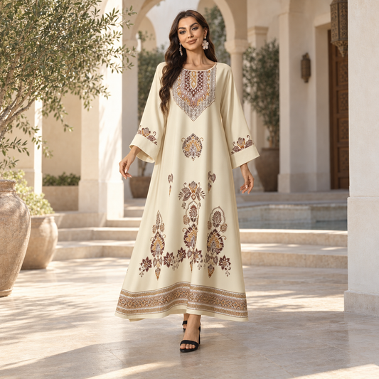 Abaya Longue Florale Élégance Orientale – Beige Ivoire