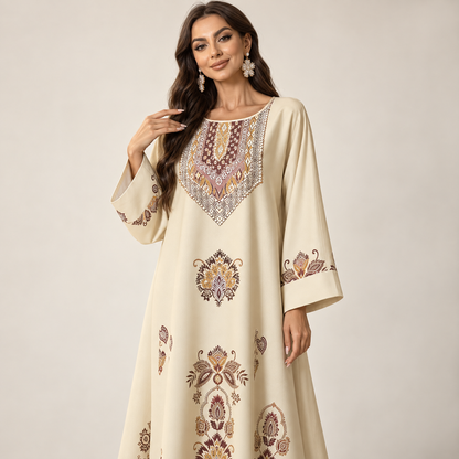 Abaya Longue Florale Élégance Orientale – Beige Ivoire
