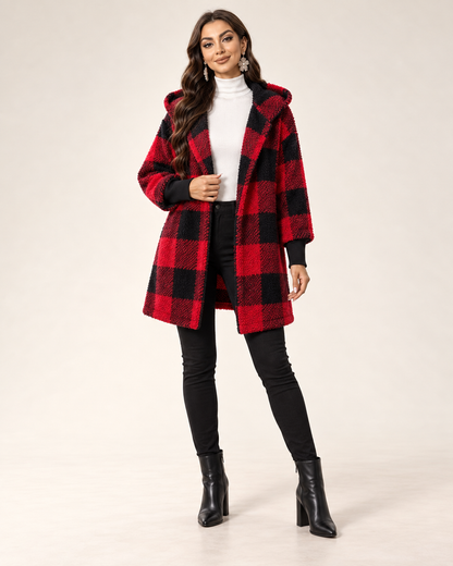 Manteau Cardigan Teddy à Carreaux – Capuche Oversize et Coupe Longue