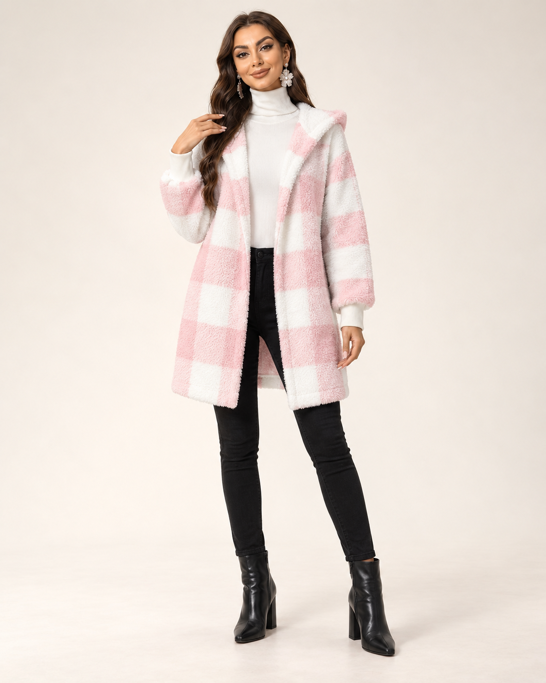 Manteau Cardigan Teddy à Carreaux – Capuche Oversize et Coupe Longue