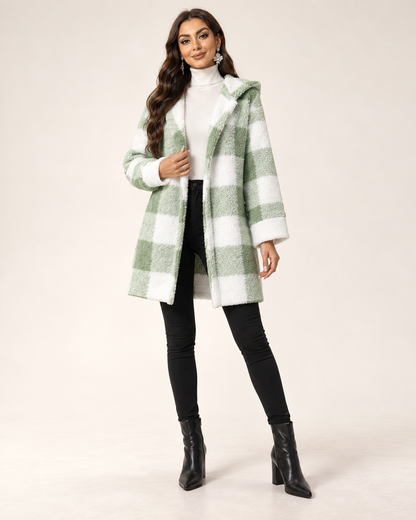 Manteau Cardigan Teddy à Carreaux – Capuche Oversize et Coupe Longue