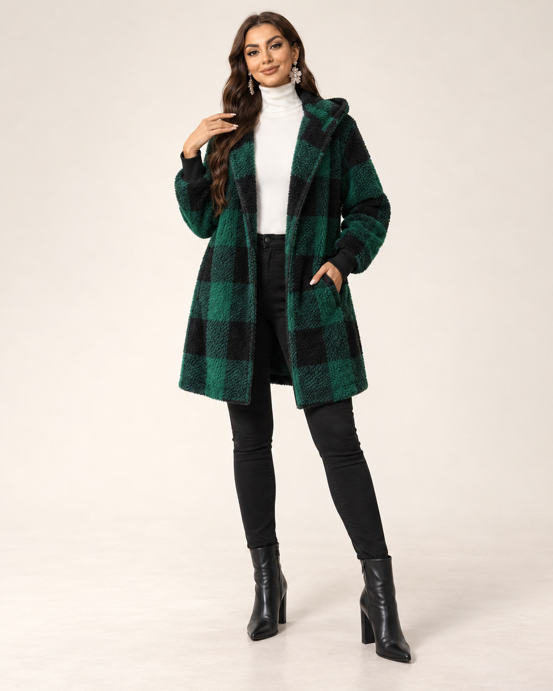 Manteau Cardigan Teddy à Carreaux – Capuche Oversize et Coupe Longue