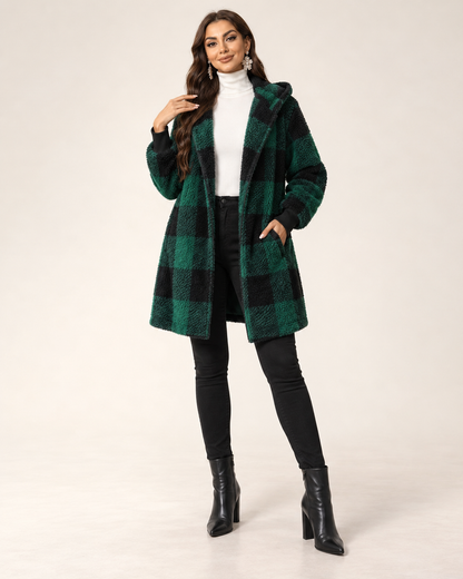 Manteau Cardigan Teddy à Carreaux – Capuche Oversize et Coupe Longue