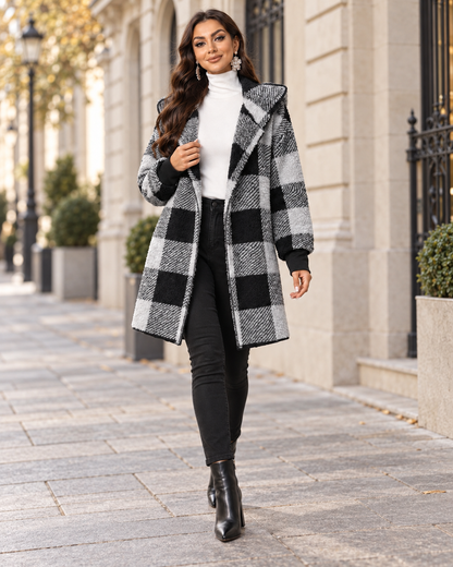 Manteau Cardigan Teddy à Carreaux – Capuche Oversize et Coupe Longue