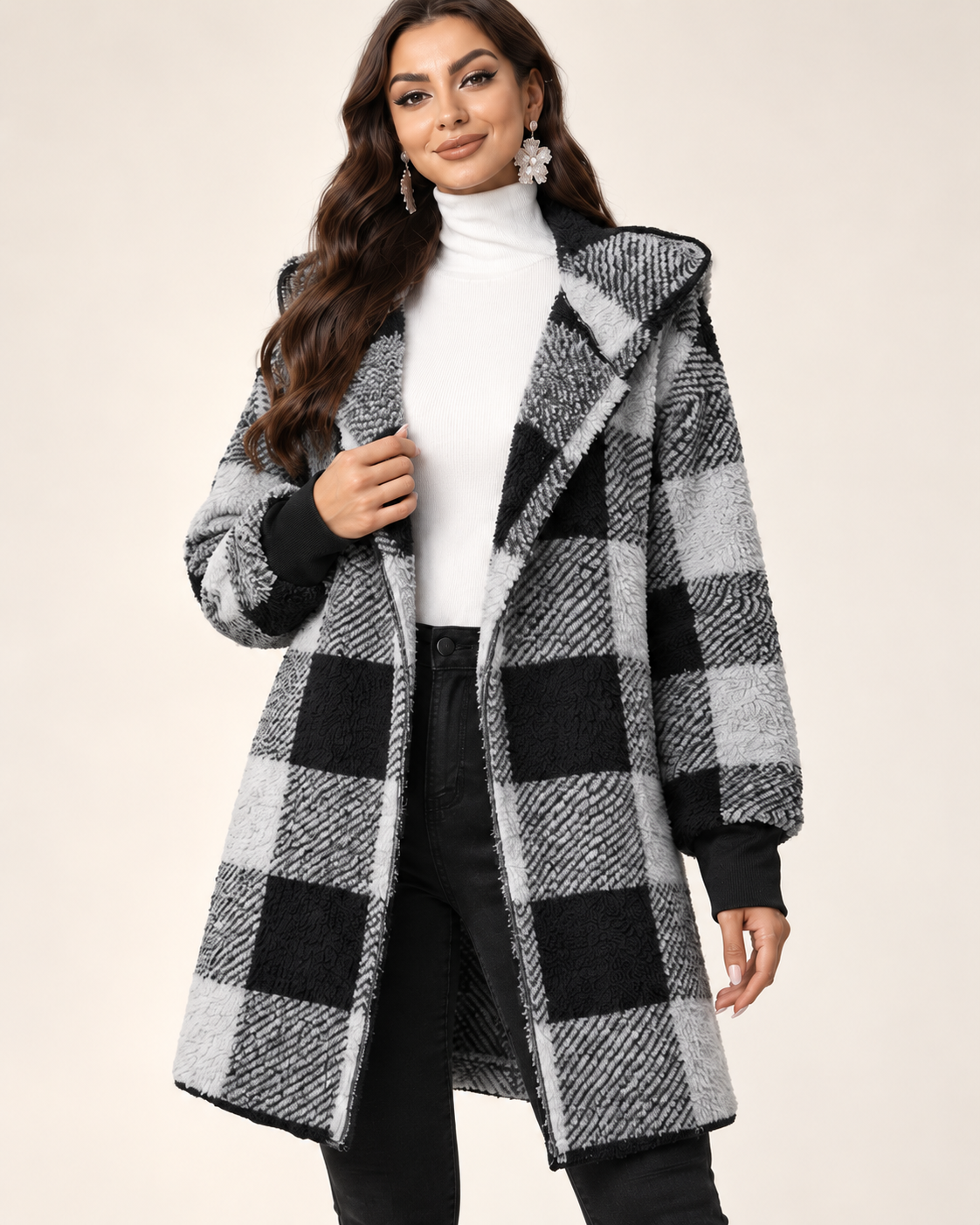 Manteau Cardigan Teddy à Carreaux – Capuche Oversize et Coupe Longue