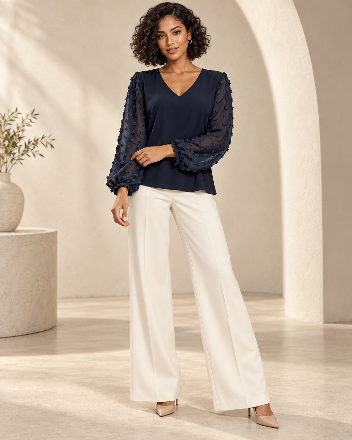 Blouse Élégance Aérienne – Col V et Manches Bouffantes en Voile Texturé