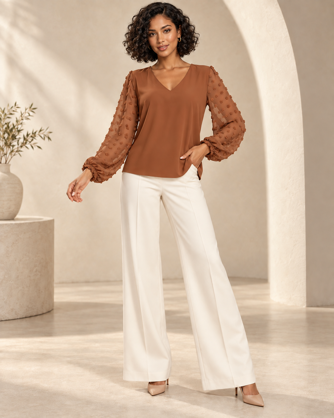 Blouse Élégance Aérienne – Col V et Manches Bouffantes en Voile Texturé