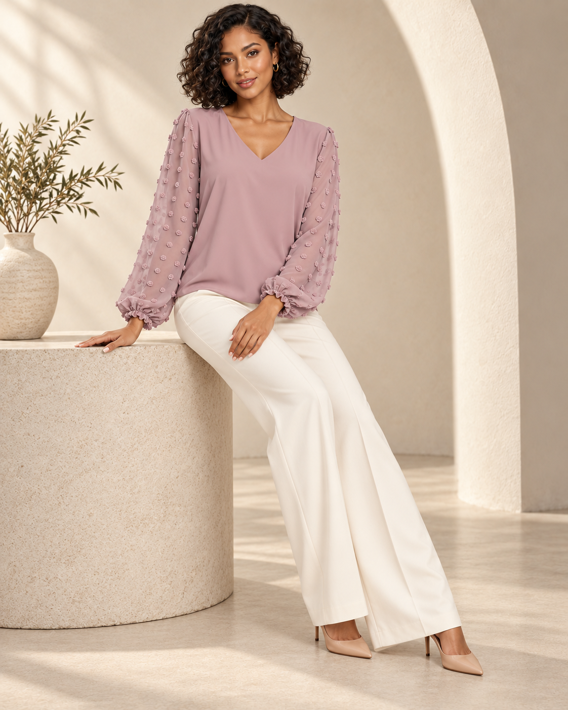 Blouse Élégance Aérienne – Col V et Manches Bouffantes en Voile Texturé