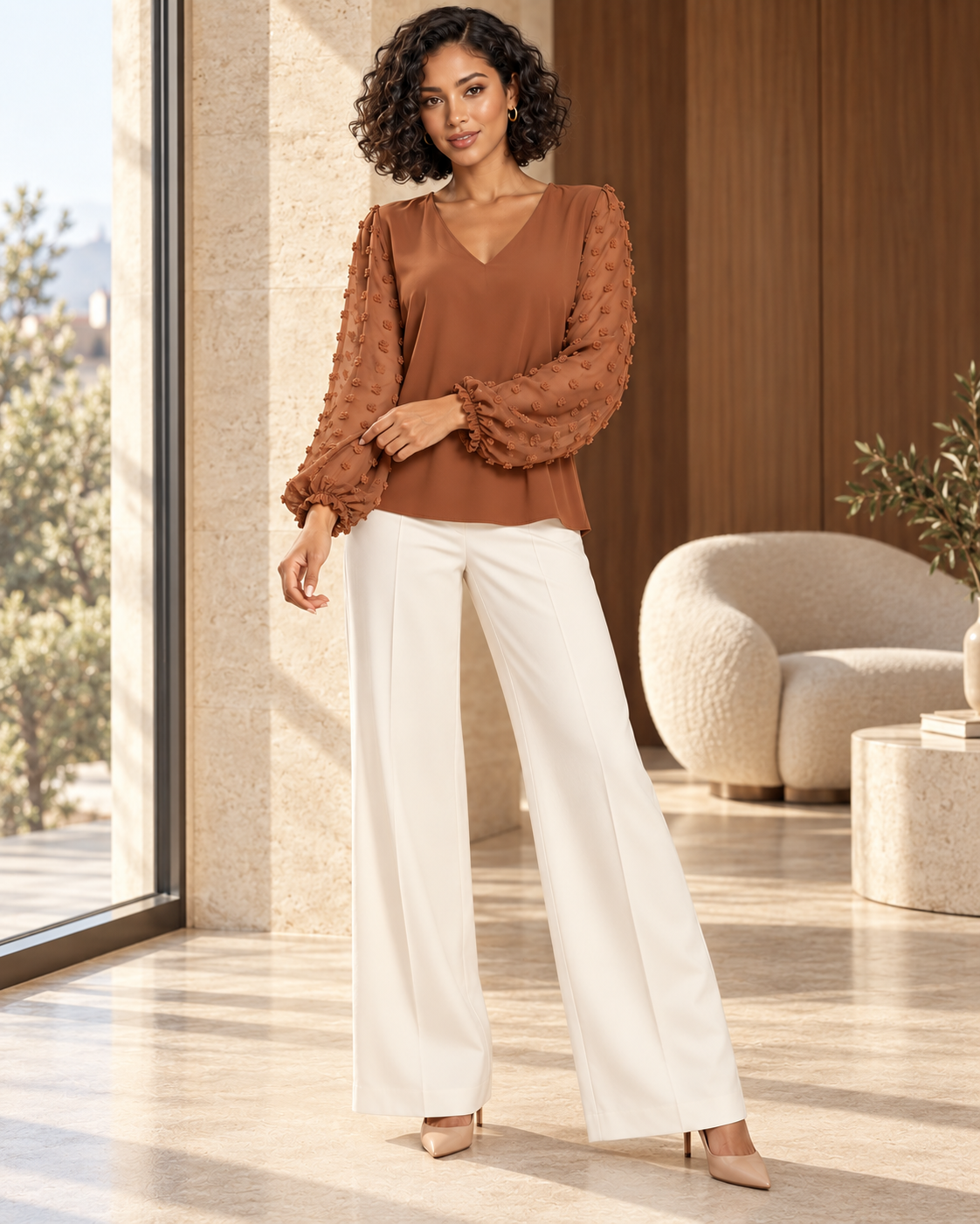 Blouse Élégance Aérienne – Col V et Manches Bouffantes en Voile Texturé