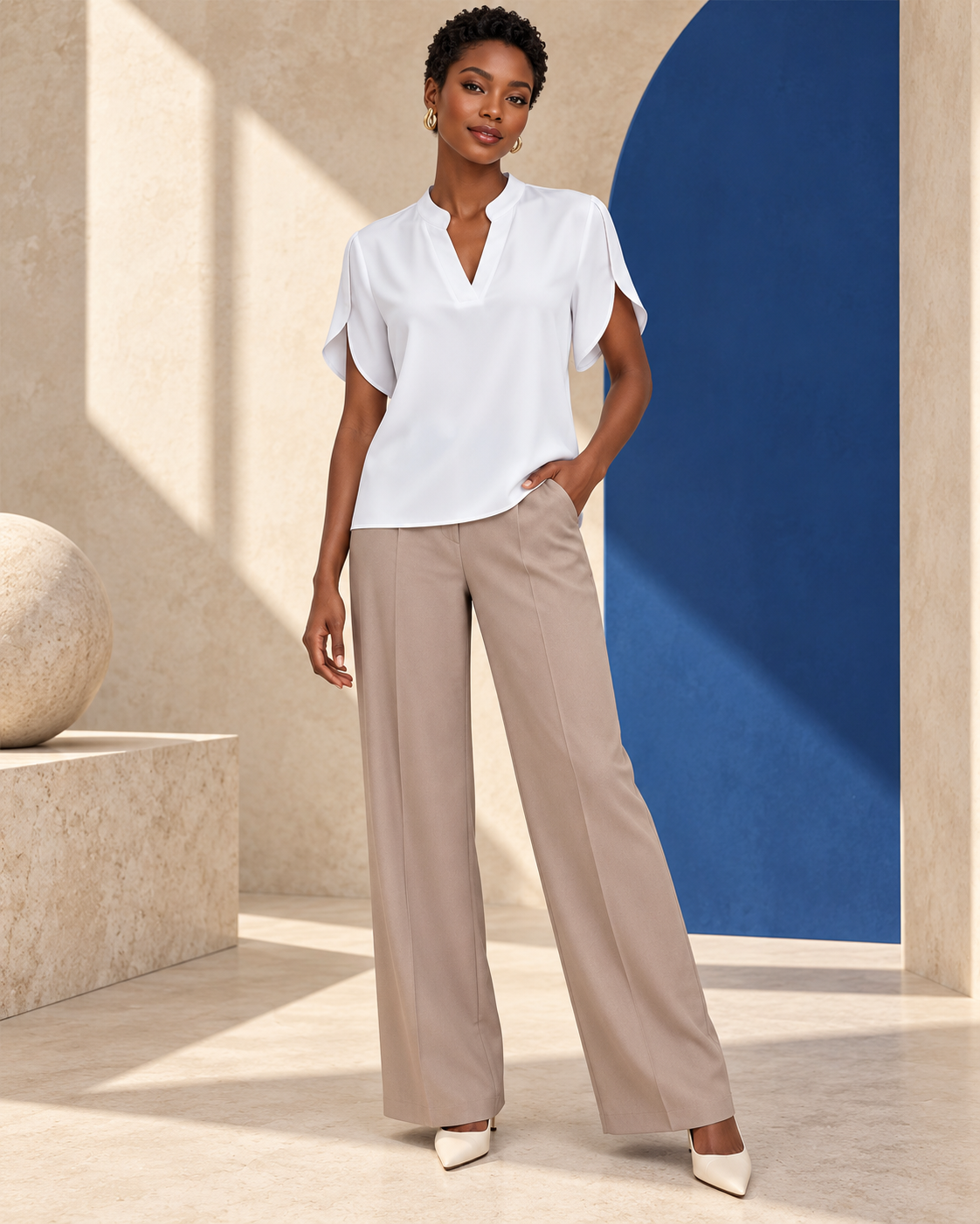 Blouse Élégance Fluide – Col Tunisien et Manches Papillon