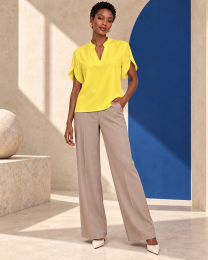 Blouse Élégance Fluide – Col Tunisien et Manches Papillon