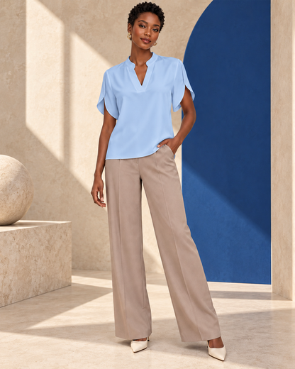 Blouse Élégance Fluide – Col Tunisien et Manches Papillon