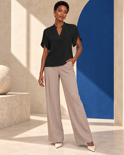 Blouse Élégance Fluide – Col Tunisien et Manches Papillon
