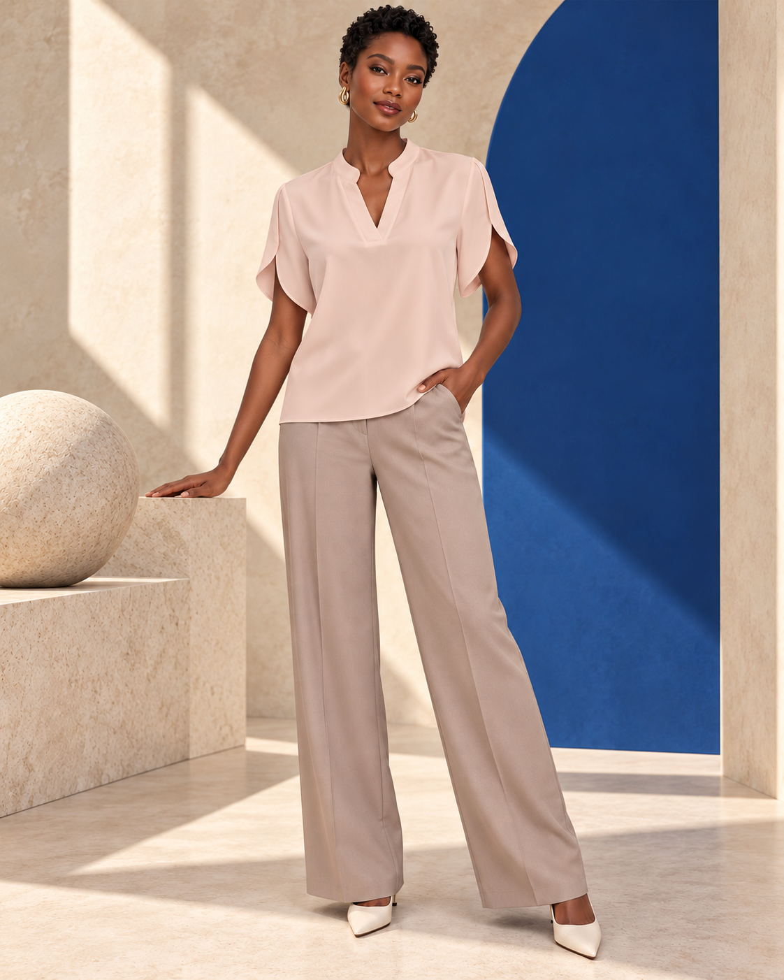 Blouse Élégance Fluide – Col Tunisien et Manches Papillon
