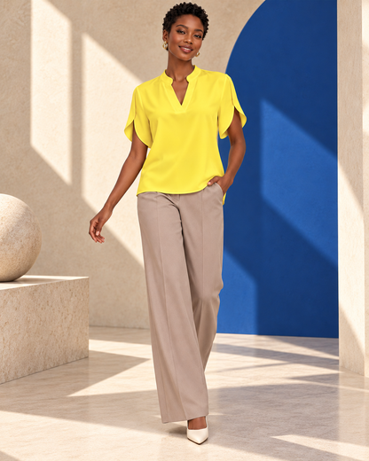 Blouse Élégance Fluide – Col Tunisien et Manches Papillon