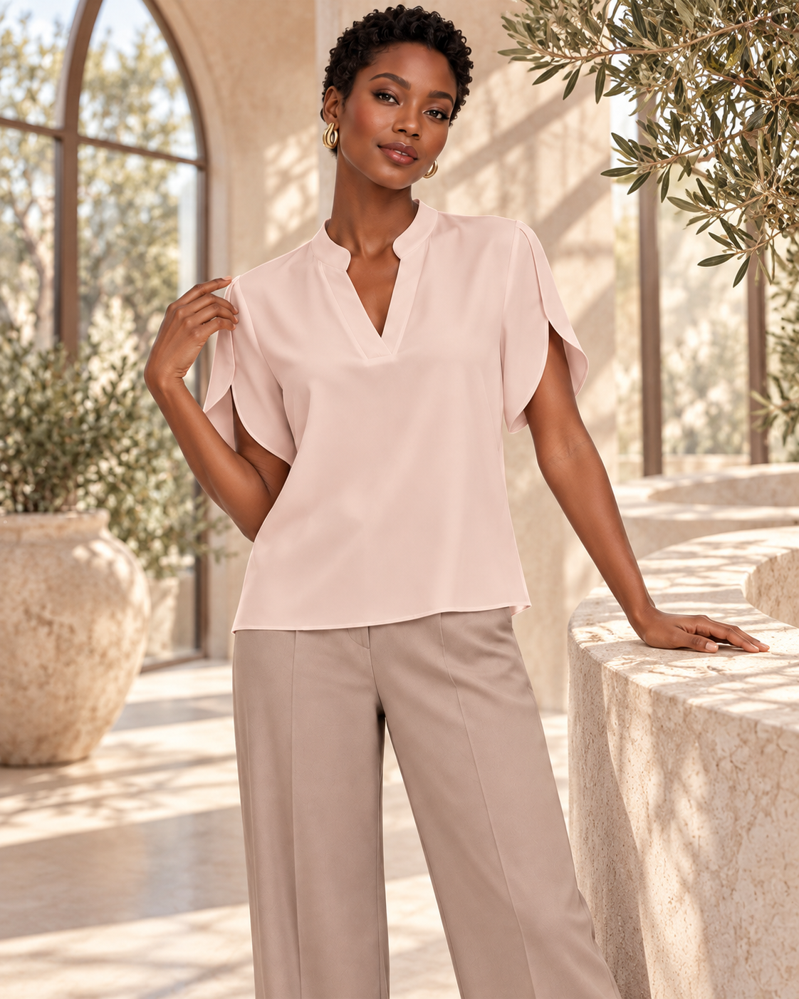 Blouse Élégance Fluide – Col Tunisien et Manches Papillon
