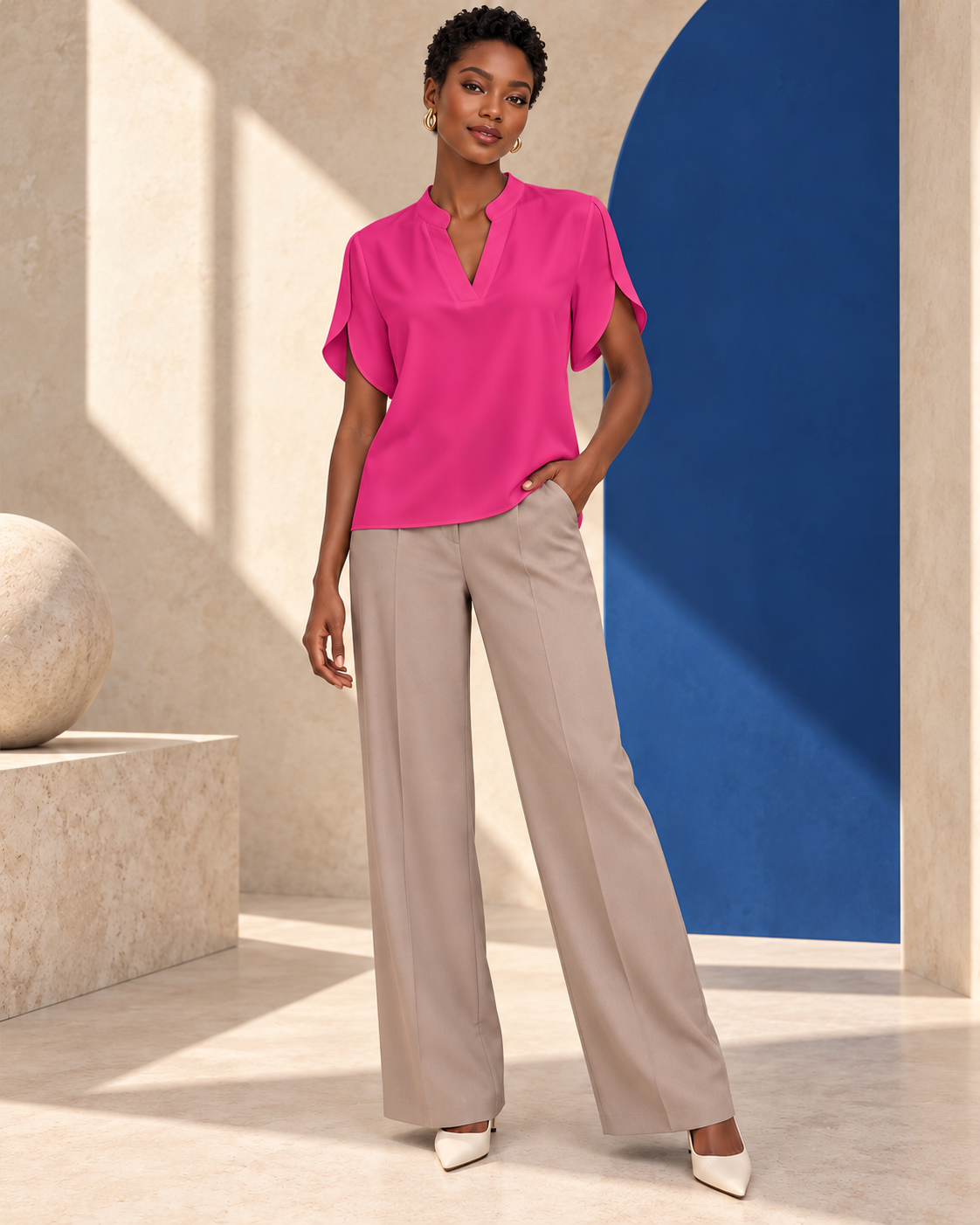 Blouse Élégance Fluide – Col Tunisien et Manches Papillon