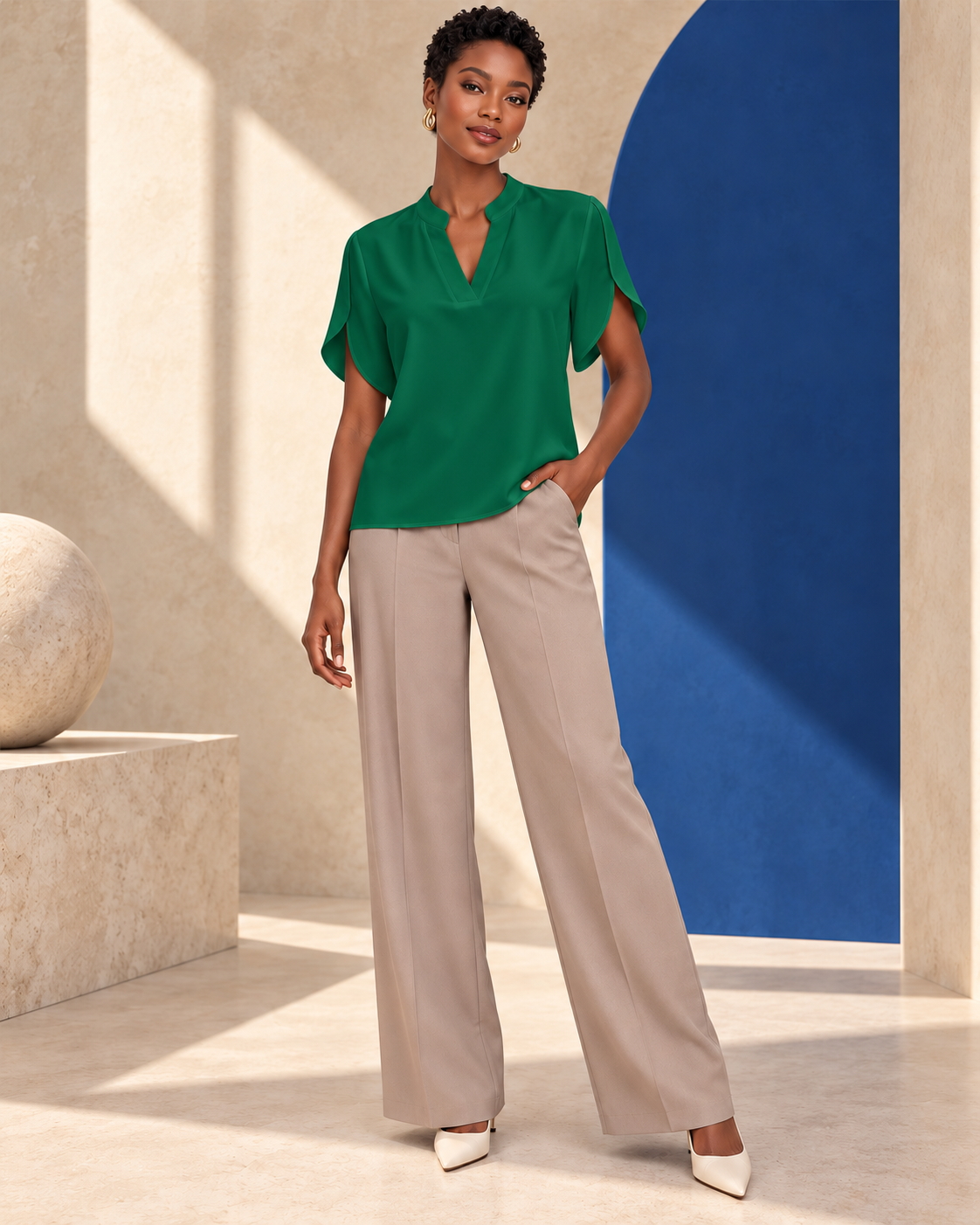 Blouse Élégance Fluide – Col Tunisien et Manches Papillon