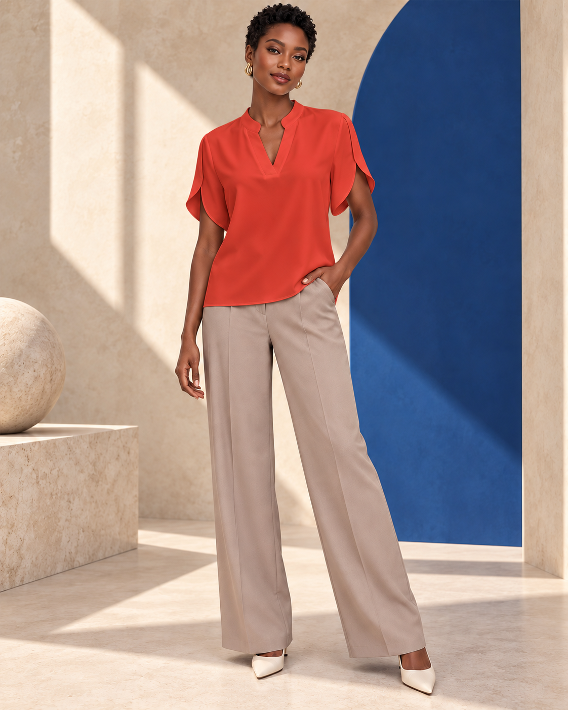 Blouse Élégance Fluide – Col Tunisien et Manches Papillon