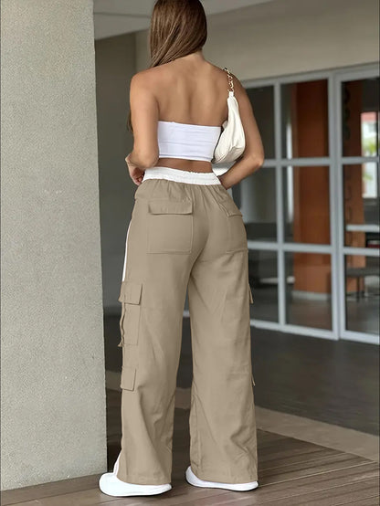 Pantalon Cargo Femme à Bandes Latérales – Coupe Large et Taille Haute
